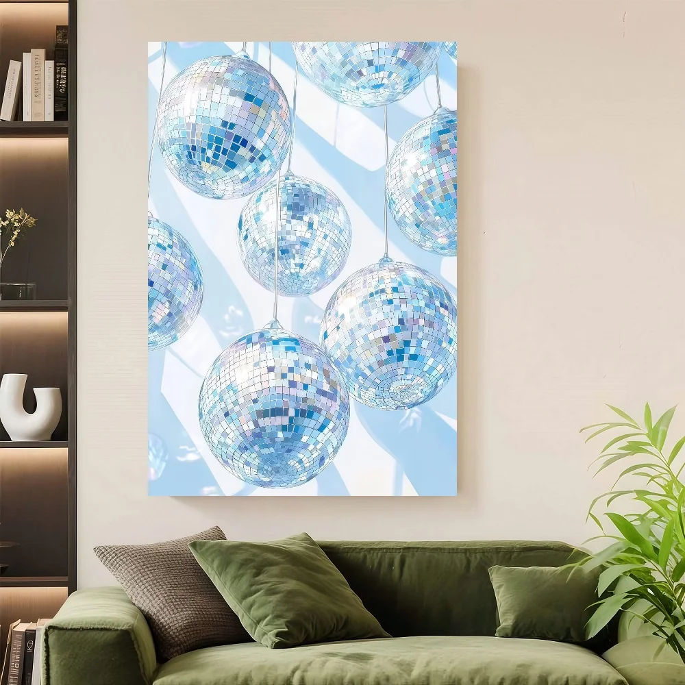 Framed Canvas Poster Print Wall Art 1pc Vintage Disco Ball Canvas Wall Art - Retro Blue Mirror Ball Print, Decor For Living Room