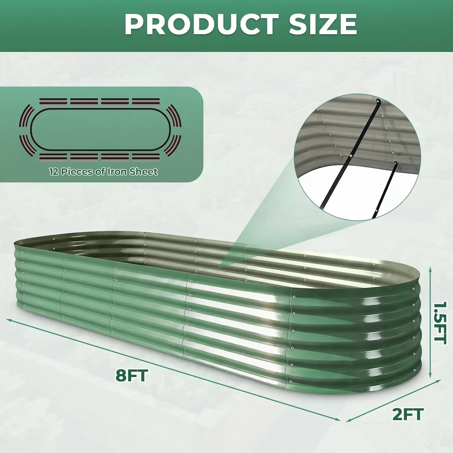 Galvanized Raised Garden Bed, 8x2x1.5ft Oval Metal Planter Raised beds with Gloves, Support Rod, Rust-Resistant Deep Root Planters for Outdoor Vegetables, Flowers, Herb-Forest Green