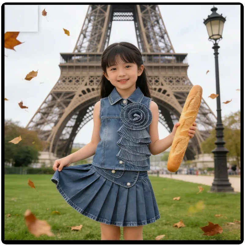 

Kids Summer Outfit Retro Denim Sleeveless Pleated Skirt Set Trendy Fashion