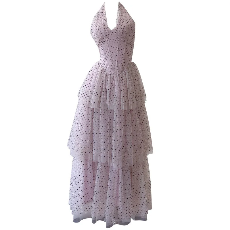 

VIBE French Style Polka Dot Flocked Mesh Dress Backless Halter Neck Vacation Dress Puffy Tube Top Cake Dress 2025