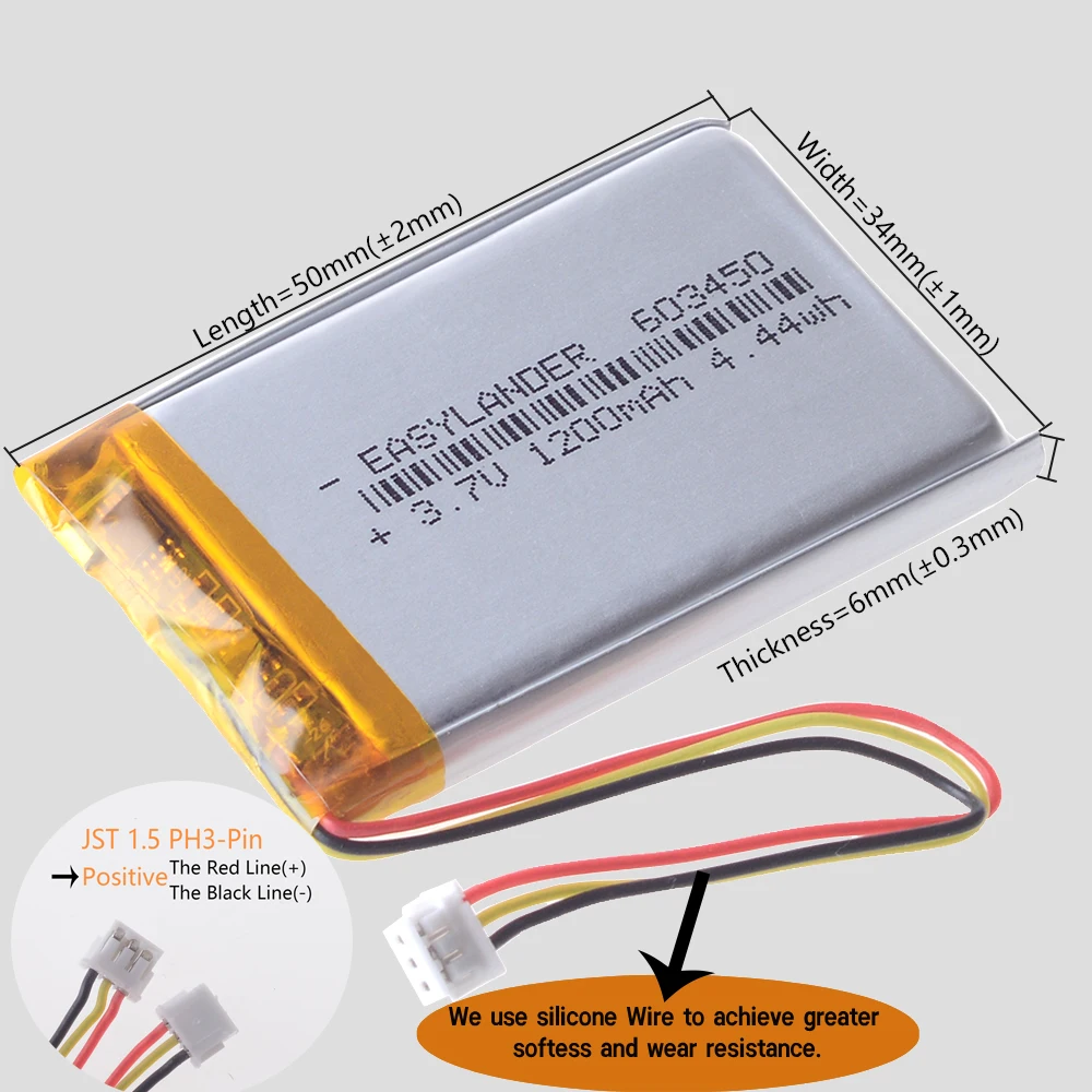 1/5 шт. силиконовые провода 603450 2 провода/JST1.5 3Pin 3,7 В 1200 мАч литий-полимерный литий-ионный аккумулятор Lipo батареи