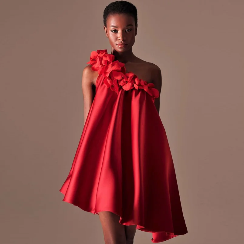 One Shoulder Red Satin Dress Mini Fluffy Woman Clothes Asymmetrical Floral Dress A-line Party Gown Elegant Sleeve Cocktail Dress