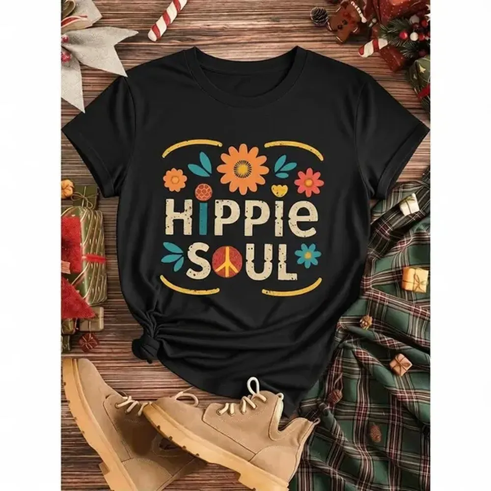 Men's Unisex 100% Cotton Round Neck Short-Sleeve Hippie Soul Graphic Tee - Chic Cute Floral Style Peace Logo Print Casual Fit Basic Top, Fashion, Japanese, Korean, Party, Preppy