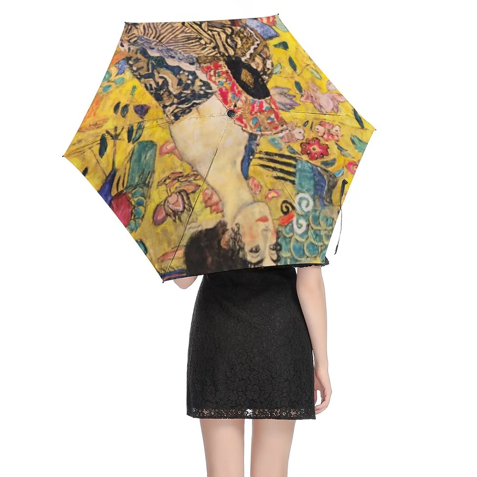 Gustav Klimt Pocket Umbrella Modern Art Print Umbrella Black Coat Windproof 5 Fold 6 Ribs Umbrellas for Men Women