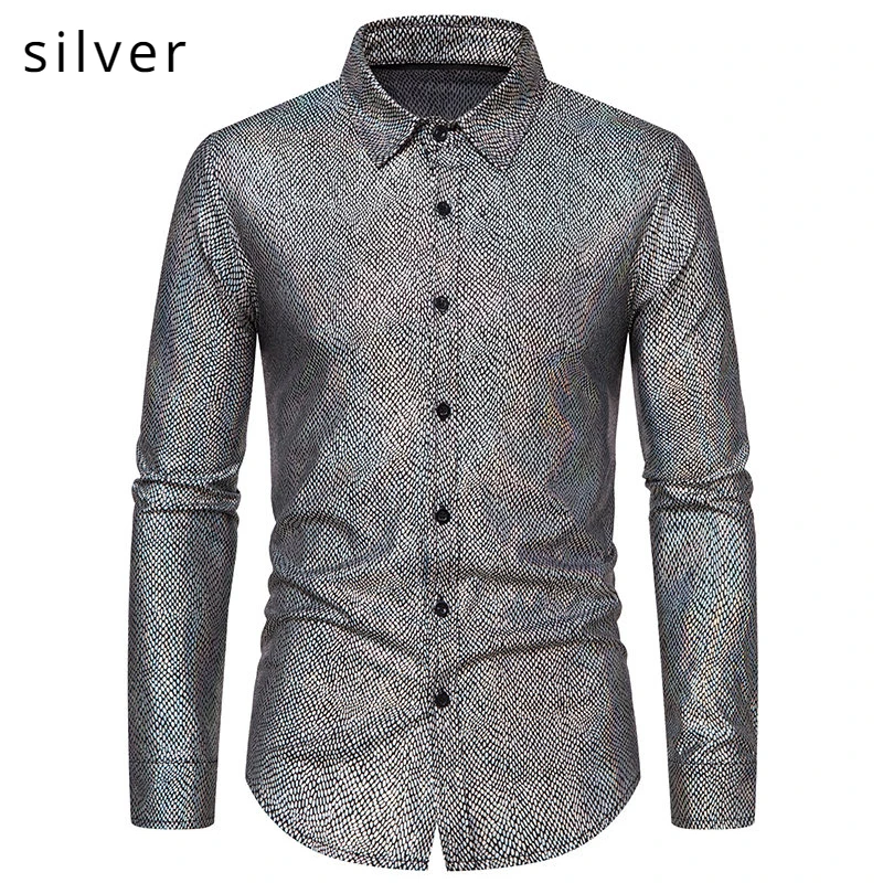 2024 Spring New Men\'s Snakeskin Pattern Hot Stamping Shirt Men\'s Stage Costume Banquet Men\'s Long Sleeve Shirt Shiny Party Shirt