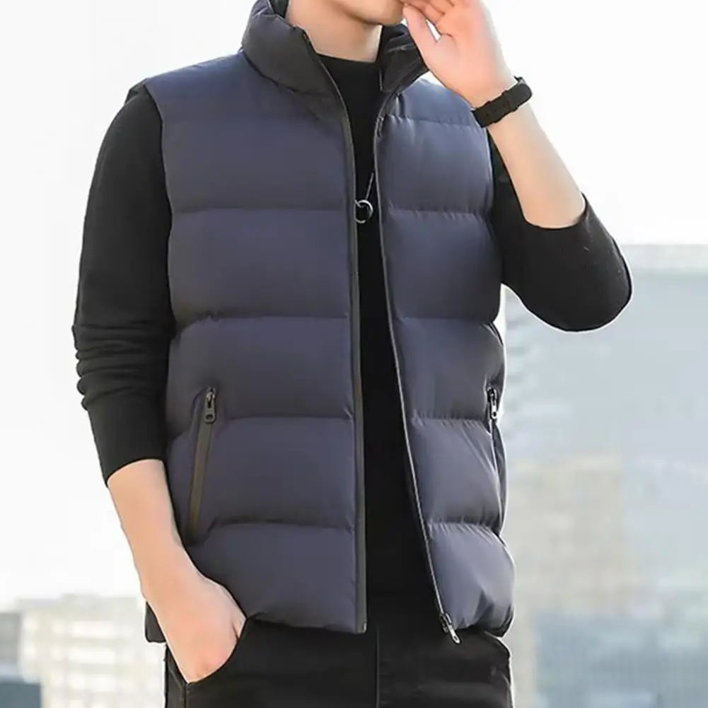 Men Waistcoat Men's Quilted Stand Collar Waistcoat with Zipper Closure Pockets Solid Color Sleeveless Vest Jacket for Winter