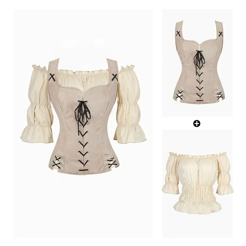 Pirate Costume Steampunk Gothic Women Corsets Vest Plus Size Medieval Off Shoulder Blouse Tops 2 Pieces Sets Renaissance Vest - view 6