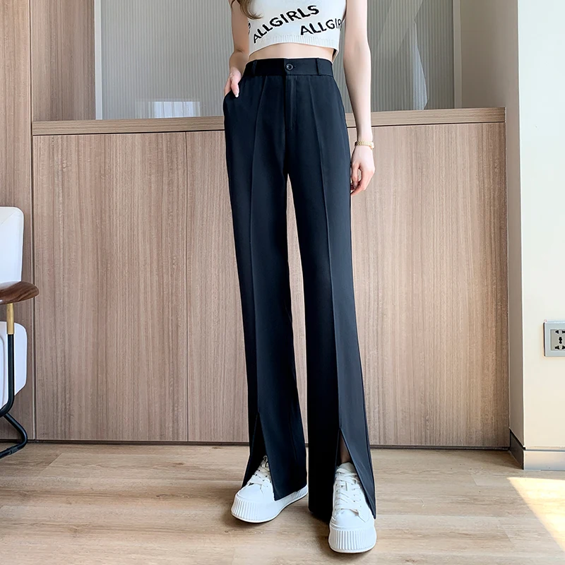 Women Black Front Slit Pants Chic Fashion Office Lady Long Straight Trousers Elastic High Waist Pencil Loose Trousers Jumpsuits