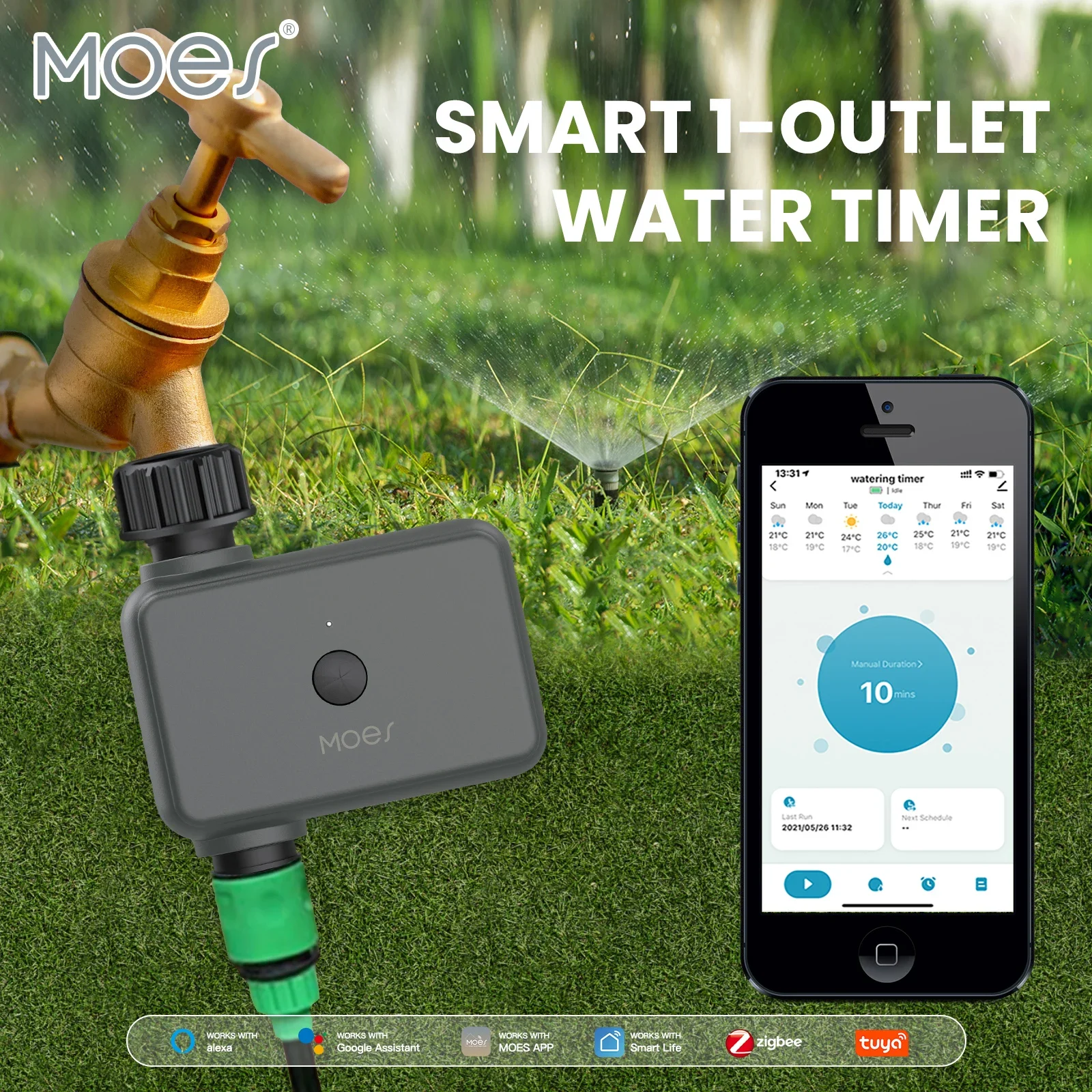 MOES ZigBee Smart Sprinkler Water Timer with 1 Outlet Rain Delay Filter Programmable Irrigation Timer Support Alexa Google Home