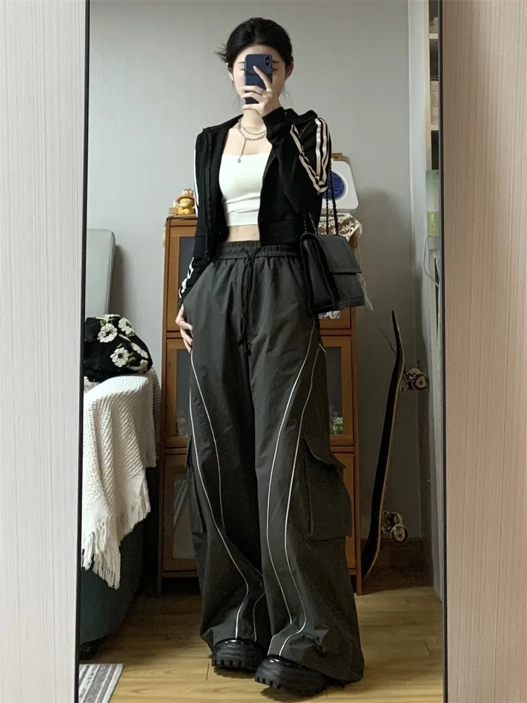 QWEEK Y2K Streetwear Black Cargo Pants Women Hip Hop Striped Oversized Track Pants American Retro Basic Wide Leg Sweatpants