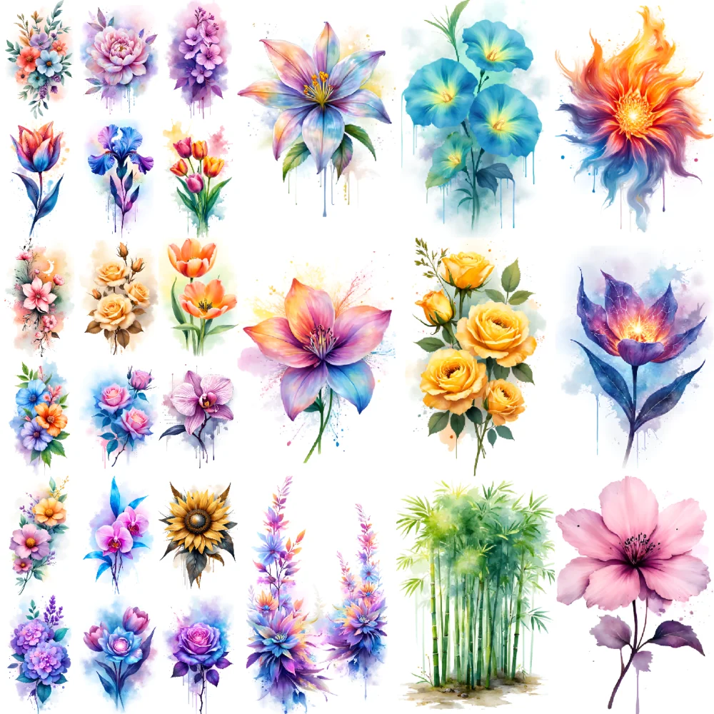 

9pcs Temporary Tattoo Lilies Watercolor Orchids Lavender Temporary Tattoo Stickers Iris For Children Ladies Cheeks