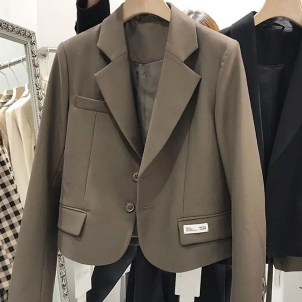 Cropped Jacket Black Blazer Women Clothing Single-breasted Slim Spring Autumn Coat Long Sleeve Korean Chic Streetwear Outerwear
