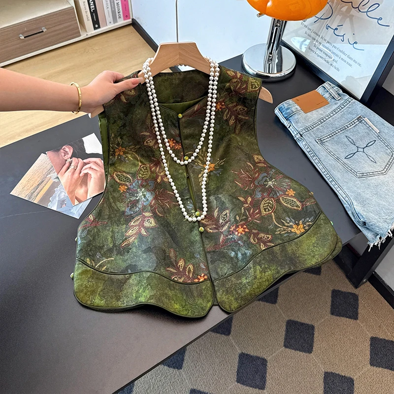 Elegant Embroidered Silk Satin Vest Autumn Fashion New Chinese Style Mommy's Outfit round Neck Heavy Work Jacket Top