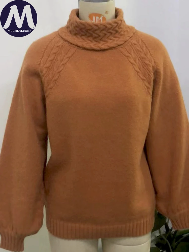 Sweater for Woman Autumn Winter Floral Half High Collar Princess Sleeves Knitted Sweater Fashion Casual Loose Sweaters Pullovers