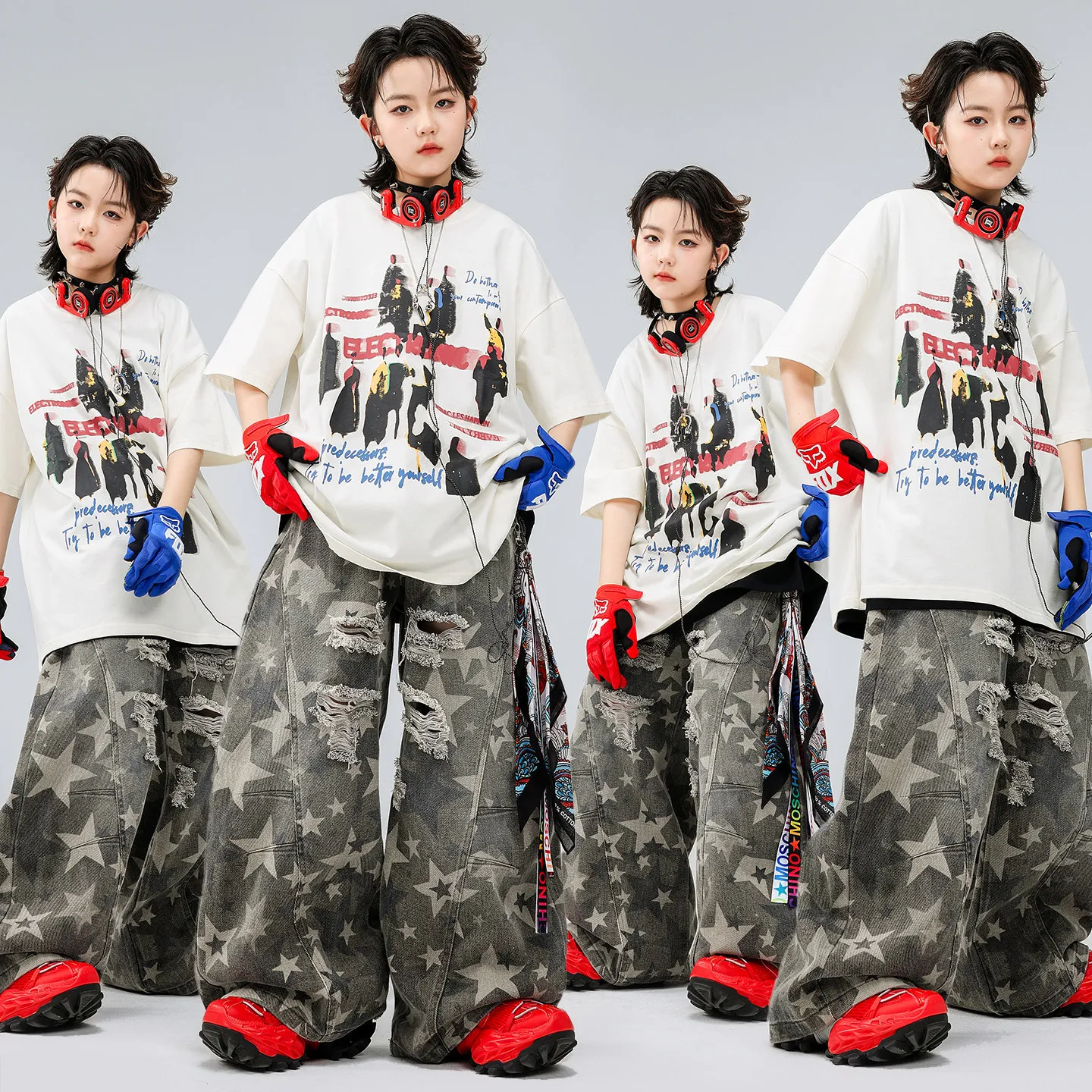 

Kid Kpop Hip Hop Clothing White Print T Shirt Top Camo Stars Casual Ripped Curved Blade Pants for Girl Boy Dance Costume Clothes