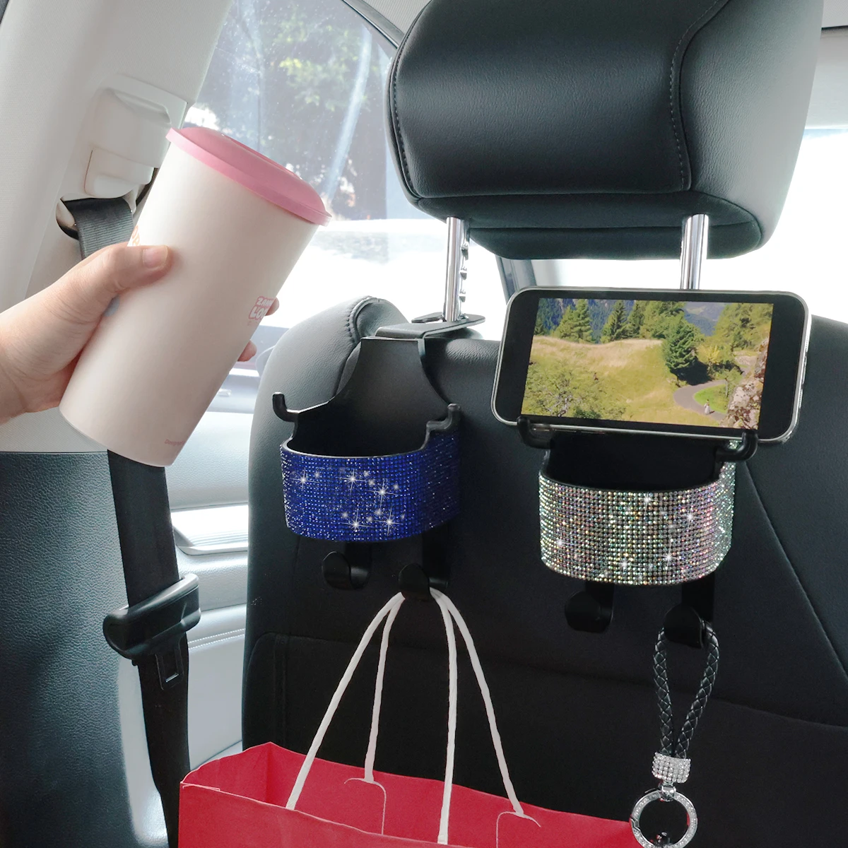 1pc New Rhinestone Multi-functional Car Seat Organiser with Cup Holder 2-in-1 Car Hooks with Easy Installation Hooks - Durable o