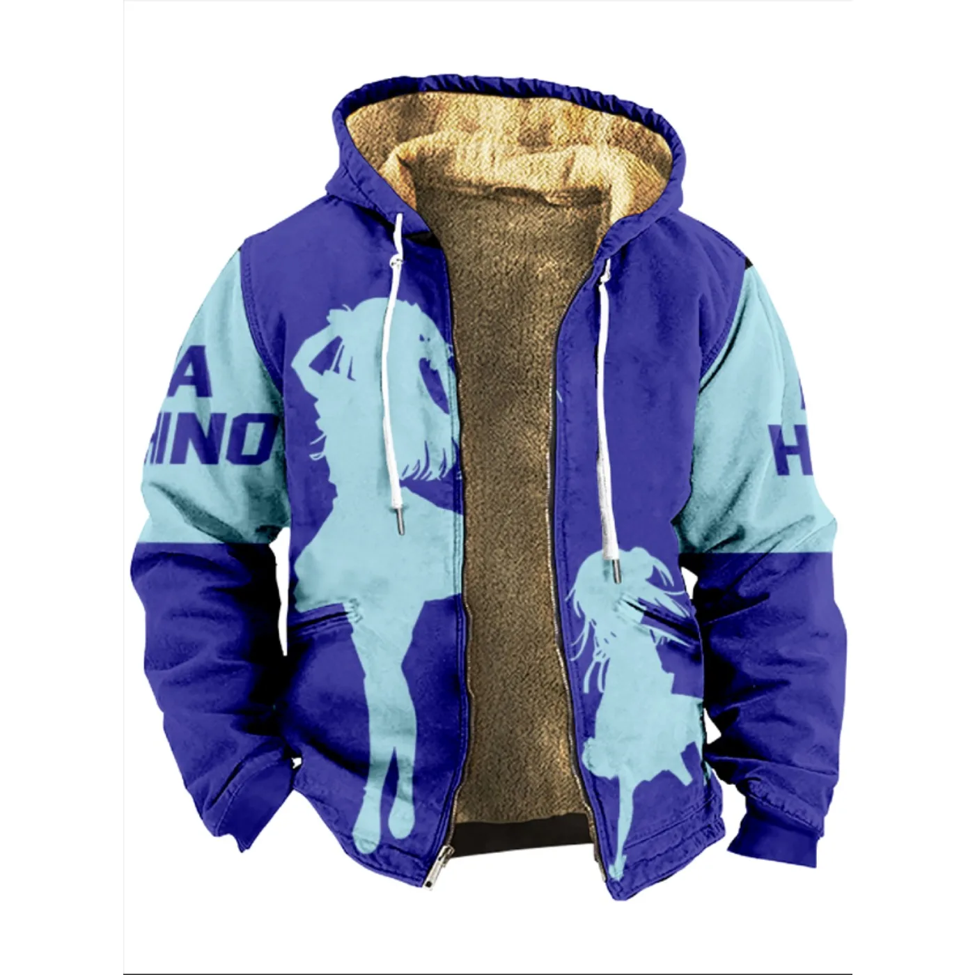 Men\'s and women\'s thick wool jackets, winter and autumn anime printed blue street double-layer zipper hooded, warm outdoor