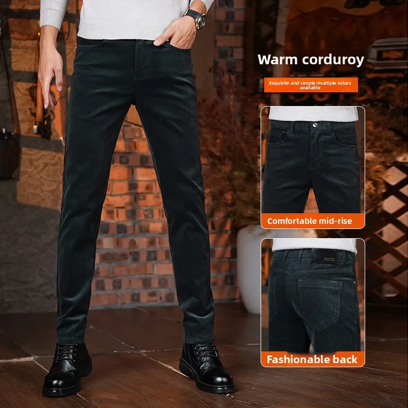 

Men's Autumn Winter Corduroy Casual Pants Slim Fit Elastic Warm Trousers Faionable Ci Sle Small Footwear Casual Pants