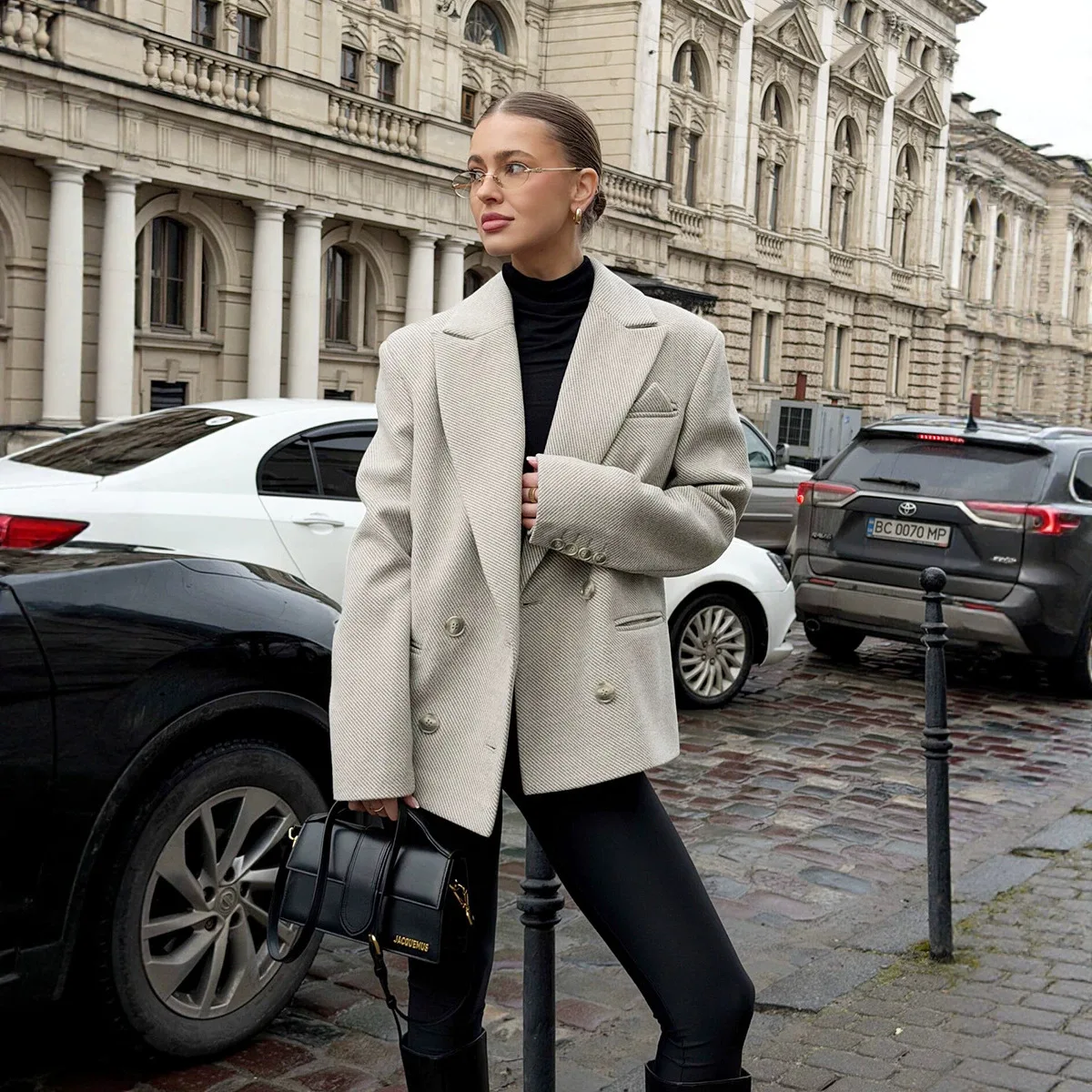 Women Wool Blazer Autumn  Vintage Turn Down Collar Double Breasted Belted Slim Fit Outerwear