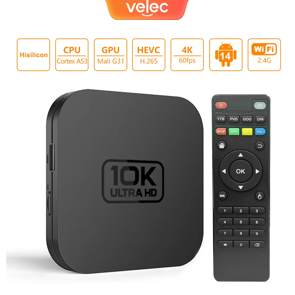 Velec Smart TV Box Android 14 4K Video Decode 8+128 Media Player Quad-Core Processor Supports Netflix YouTube Home Entertainment