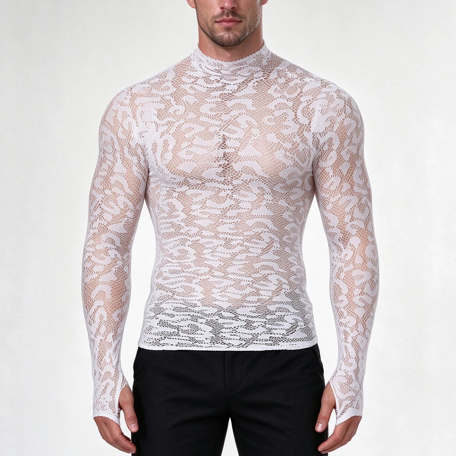 Sexy durchsichtiges Leoparden-T-Shirt, Netzstoff, langärmelig, Spitzen-Unterhemd, Herbst, Stehkragen-T-Shirt, transparente Oberteile mit Fingerbündchen – Detail 9