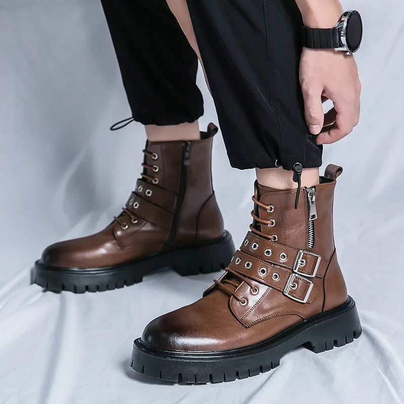 

Fashion Men's Boots Large Size High Top Zipper Tooling Leather Boots High Quality Trend Belt Buckle Mens Shoes Botas Para Hombre