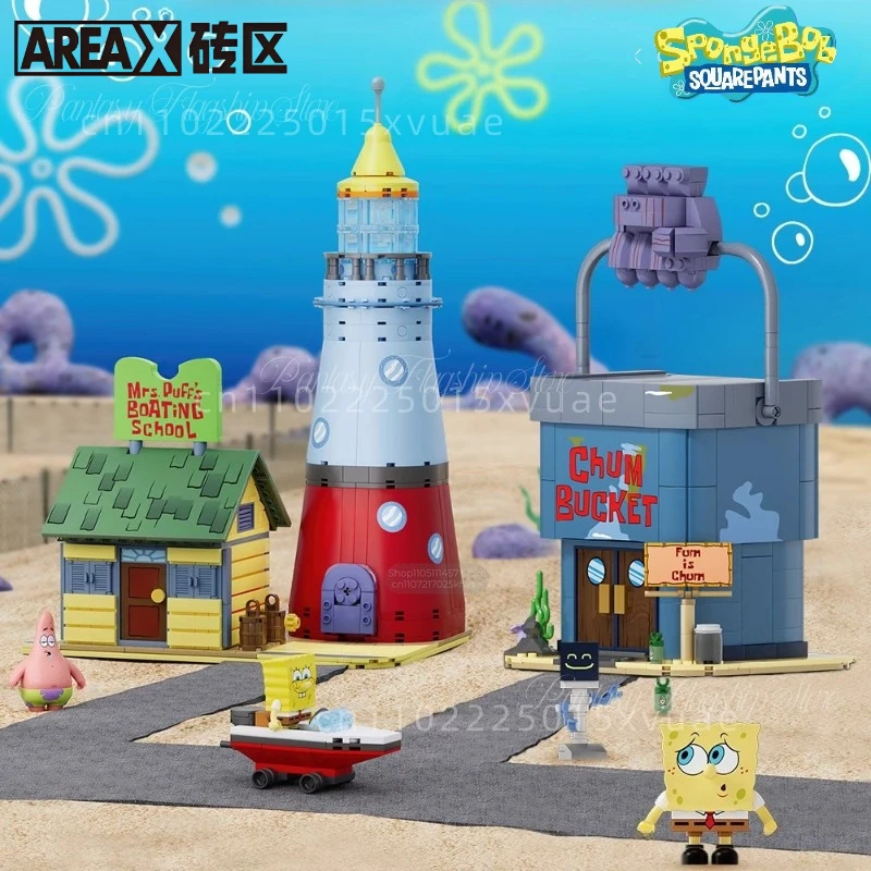 AREAX SpongeBob SquarePants Building Blocks Bikini Bottom Guida Scuola Street View Assemblaggio Giocattolo Modello Regali di festa per bambini