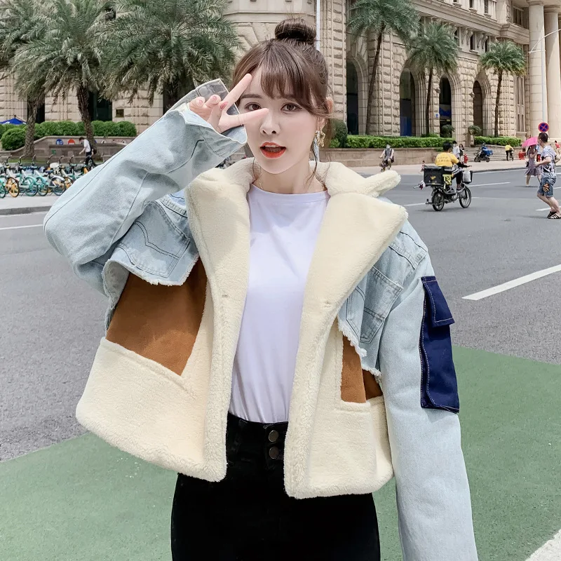 

2025 Autumn Suede Lamb Wool Women's Jacket Long Sleeves Tops Denim Blue Patchwork Spliced Crop Big Lapels Invisible Zippers Coat