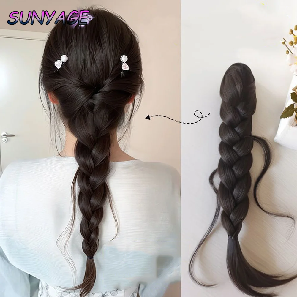 

SUNYAGE Synthetic Claw Clip Drawstring style On Braided Ponytail Extension Handmade Braids Pony Tails for Women Adds Hair