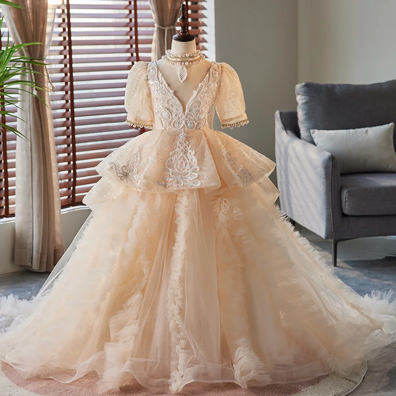 Robe de soirée en Tulle pour filles de 4 à 12 ans, longueur au sol, paillettes Orange, manches courtes, mousseline de soie, perles, col haut, robes à fleurs