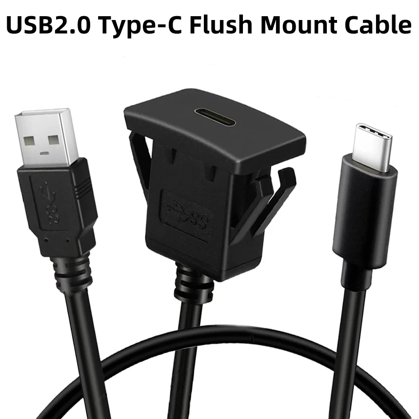 1M Square Type C Panel Cable USB 2.0 Type-C Male to C Female Flush Mount Extension Cord for Car Truck Boat Motorcycle Dashboard
