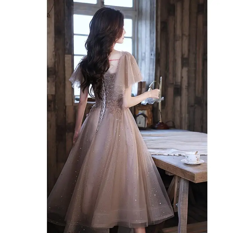 DSP Tea Length A Line Square Neck Tulle Prom Dresses for Woman Elegant Formal Occasions Dress Appliques Graduation Party Dresses