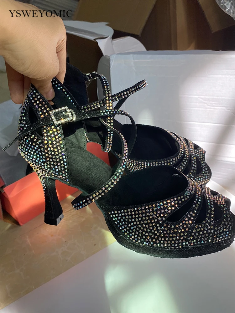 YSWEYOMIC sepatu dansa wanita, sepatu dansa Tango berlian imitasi, sepatu dansa Latin Salsa, hak tengah 9cm dengan Platform