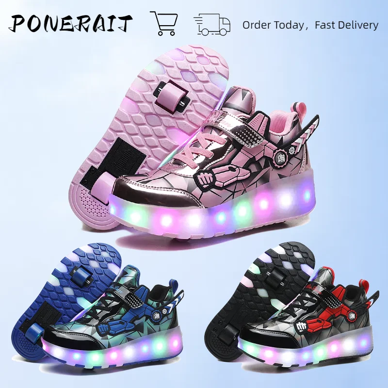 

Cool Charging Runaway Shoelace Switch LED Light Shoes Double Roller Skates Children's Adult Sports Shoes