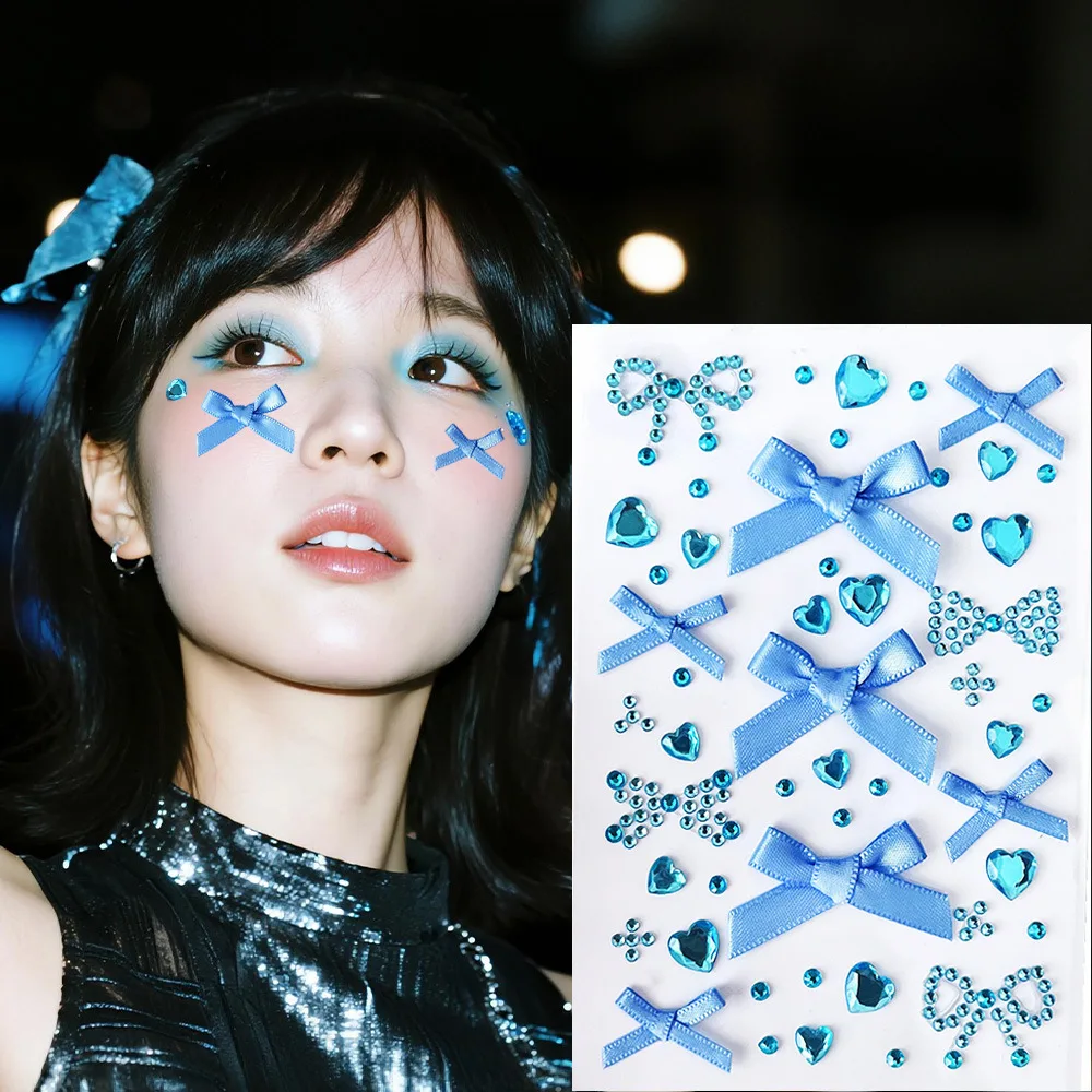 

1sheet Blue Bow Face Stickers Heart-Shaped Diamond Stickers 6-Color 5d Bowknot Ribbon Rhinestone Face Sticker Eyeshadow Stickers