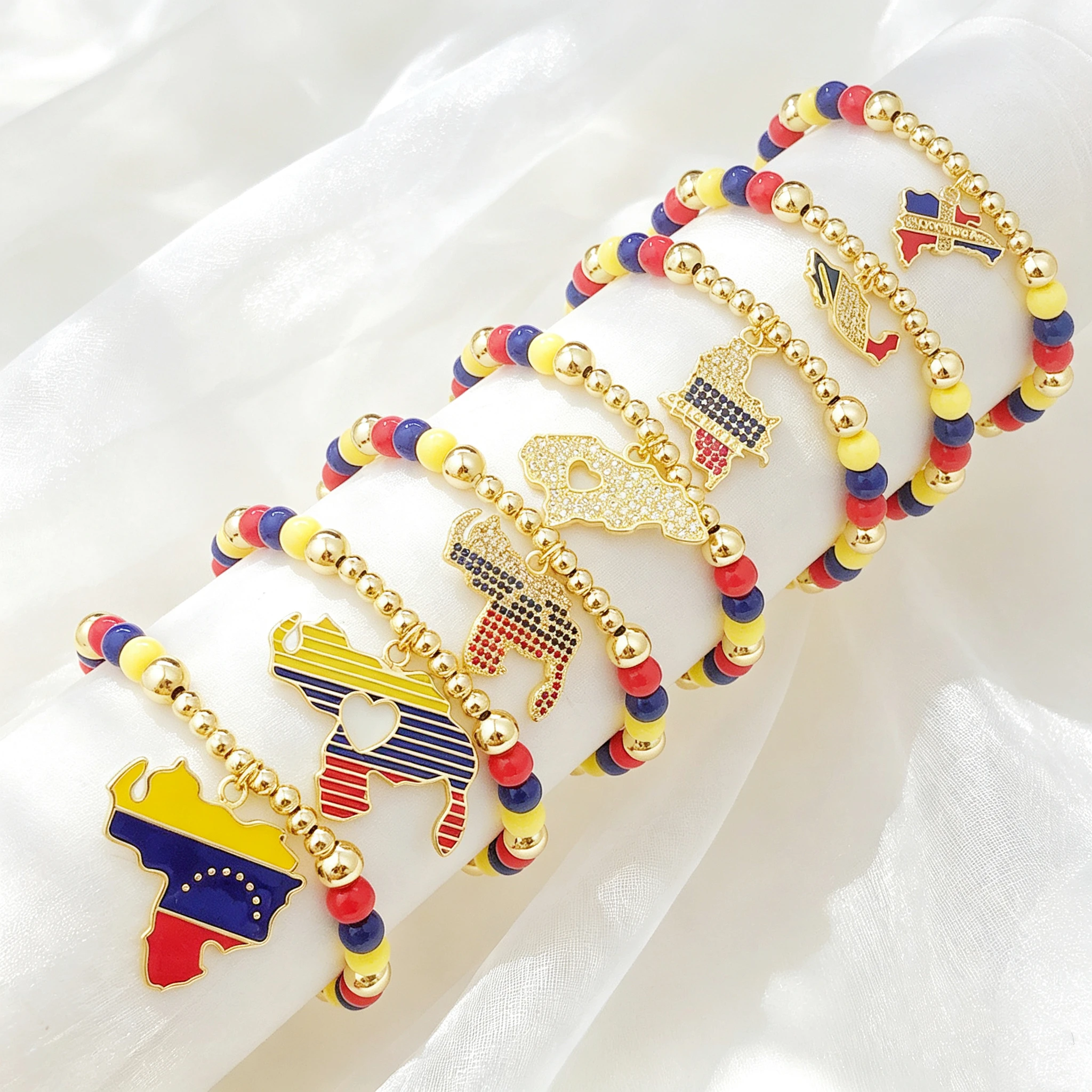 Fashion Enamel Colombia Venezuela Flag Beaded Stretch Zircon Bracelet Classic for Men Women Party Wrist Accessory Jewelry New
