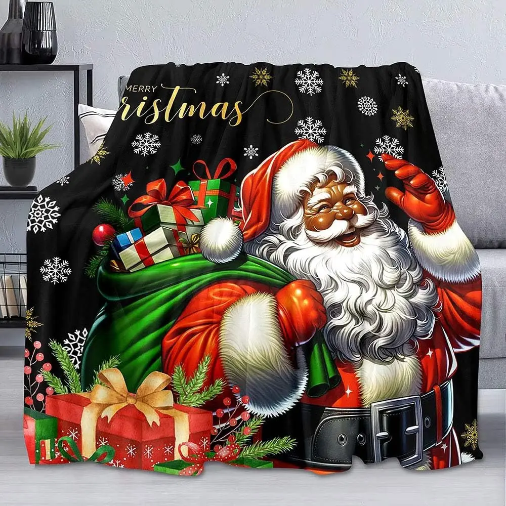 African American Black Santa Claus Throw Blanket, Christmas Snowflake Xmas Gifts Winter Holiday, Soft Plush Flannel Fleece for