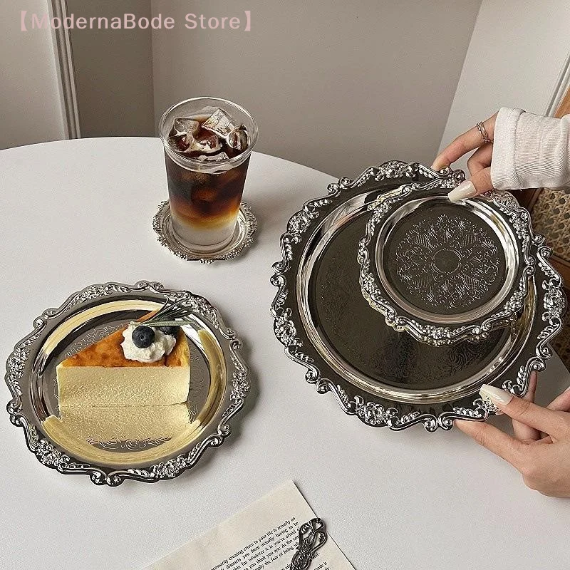 Retro Luxury Silver Plated Plates Cake Dessert Tray High Tea Snack Fruit Dish Jewelry Storage Tabletop Decor Home Hotel Supplies