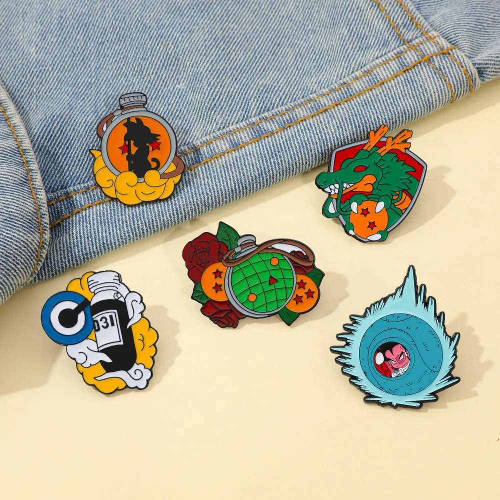 Cool Anime Enamel Brooch Pack Dragon Space Capsule & Radar Design Metal Pins Collectible Lapel Jewelry for Anime Lovers