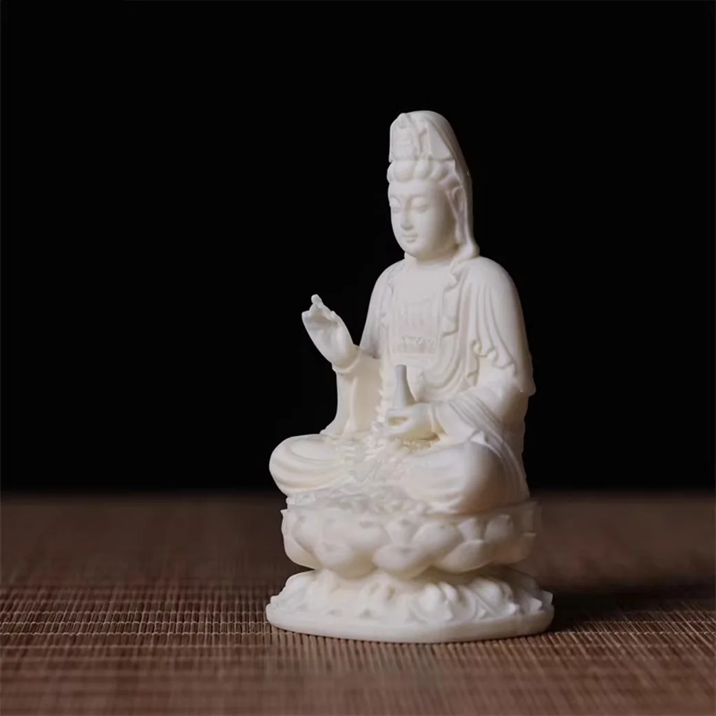 Buddhist Sculpture - Seated Guanyin Bodhisattva Statue with Elephant Fruit Holding Pure Water Pot on Lotus Pedestal