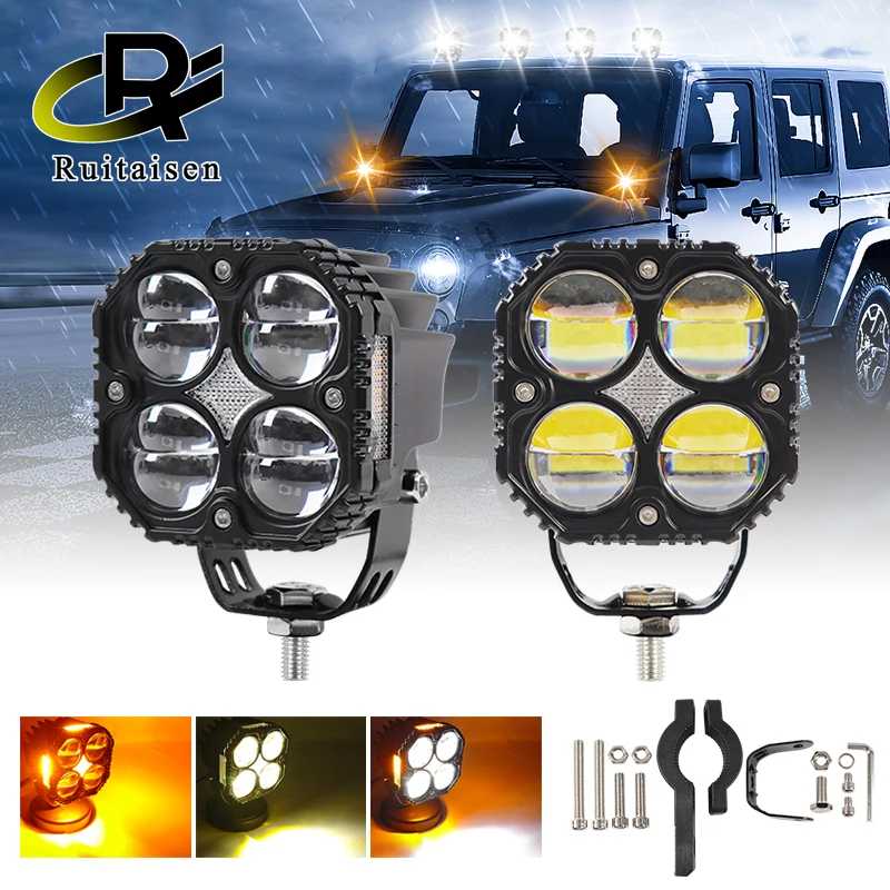 3inch 120W Motorcycle LED Spotlight with Yellow Flicker Turn Signals Auxiliary Headlight SUV ATV Truck Metal Driving Fog Lamp