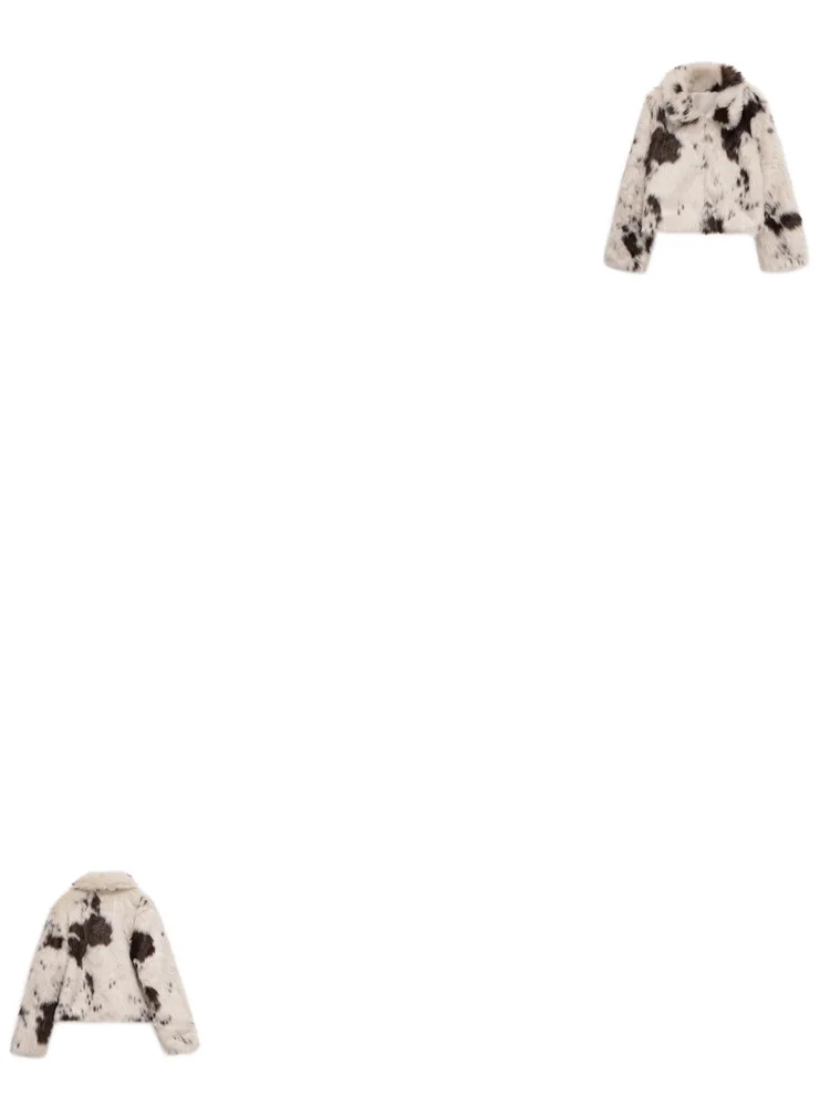 

HH Woman Winter Fashion Long Sleeves Lapel Hidden Buckle Animal Print Faux Fur Effect Short Coat Female Street Casual Jacket