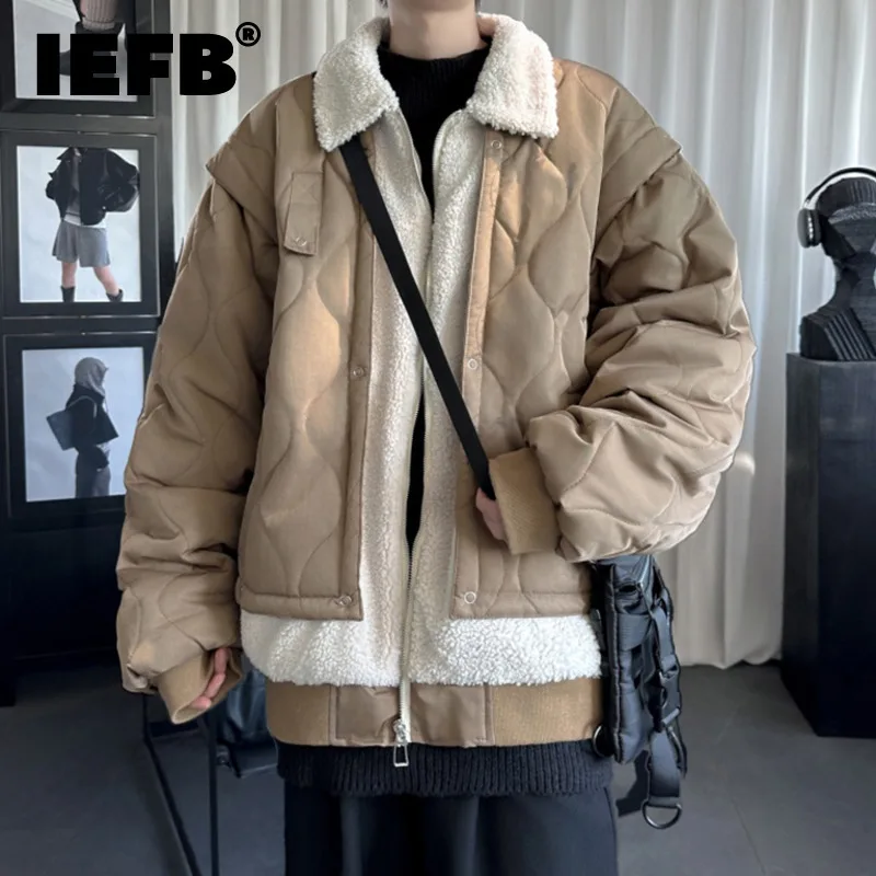 IEFB New Autumn Men's Padded Jackets Lamb Wool Patchwork Contrast Color Turn-down Collar Thickened Male Coats Stylish 9C8039