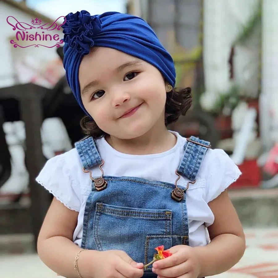 1PCS Baby Turban Hat with Pleated Flowers Cotton Newborn Beanie Kids Photo Props Girls Shower Gift Birthday Hats Headwear