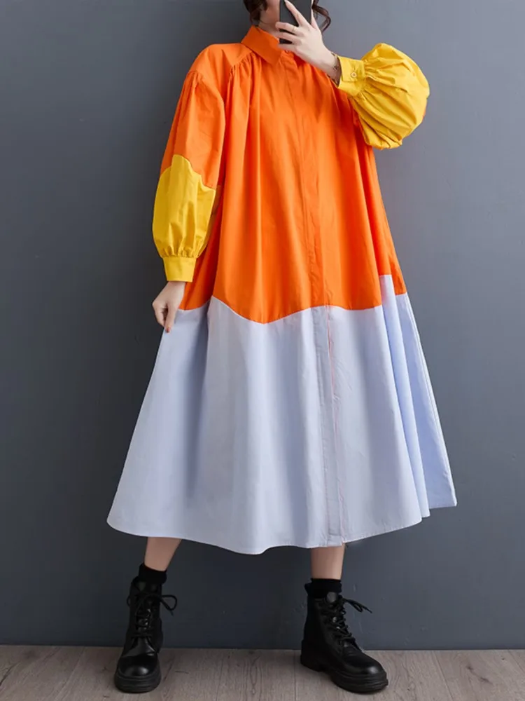 Oversized Spring Long Shirts Dress Women Lantern Long Sleeve Patchwork Fashion Casual Ladies Dresses Ruffle Pleated Woman Dress