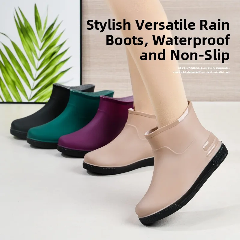 Botas de Lluvia Cortas a la Moda para Mujer, Botines Forrados de Felpa, Antideslizantes, Zapatos para Agua al Aire Libre, Zap...