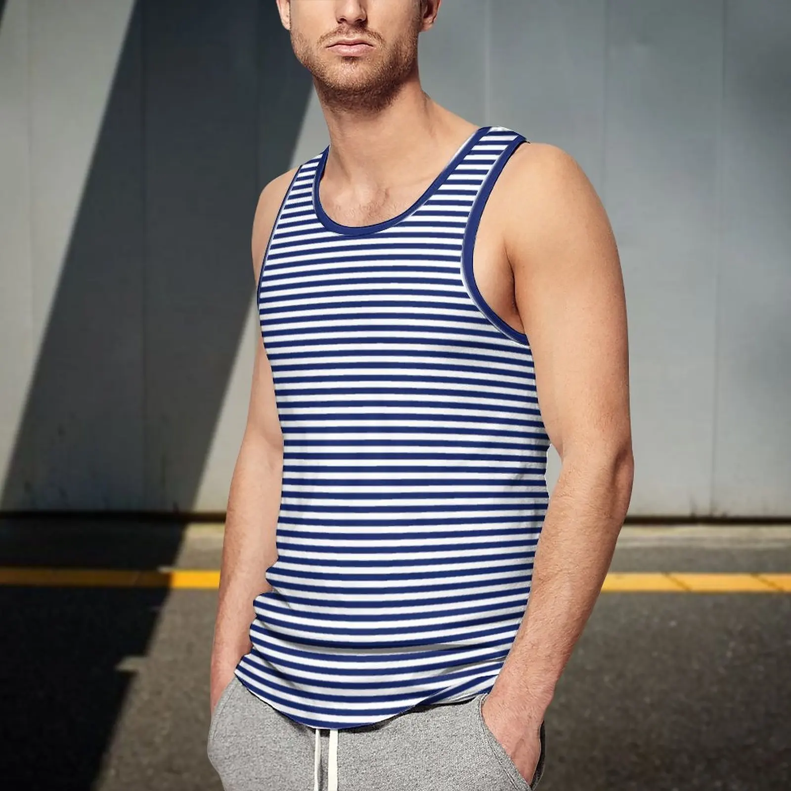 Classic Stripes Summer Tank Top Navy Blue and White Bodybuilding Tops Man Graphic Fashion Sleeveless Vests Plus Size 4XL 5XL