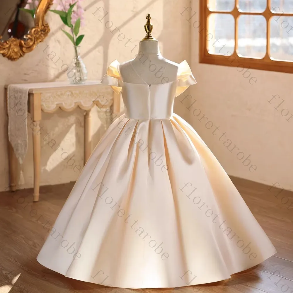 Customized Ivory Flower Girl Dress A Line Long Round Neck Cap Sleeve Satin Bow Pleated Wedding Kids Party Princess Gown Elegant