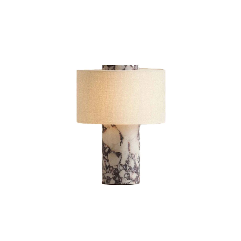Modern Simple Marble Table Lamp with Fabric Shade Battery Powered LED Bedside Lamp