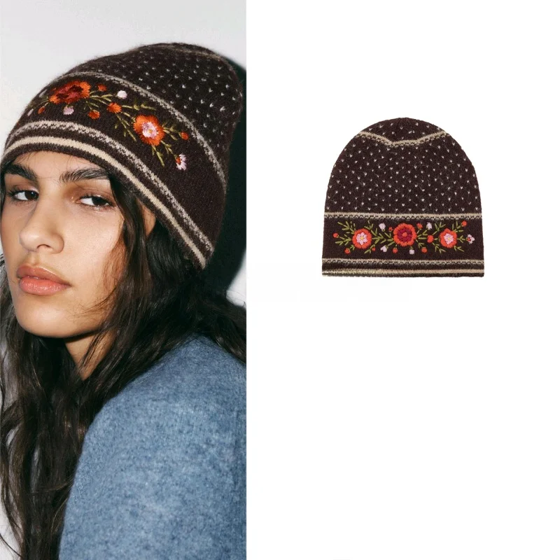 

Новая зимняя женская шапка-бини с цветочным узором и вышивкой, без манжеты, в стиле ретро, из полиэфирного волокна